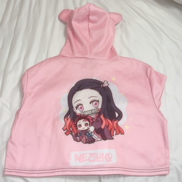 Demon Slayer Nezuko Women Crop Hoodie ears Pink Anime XS Small Sweater AMOMA - Picture 7 of 8